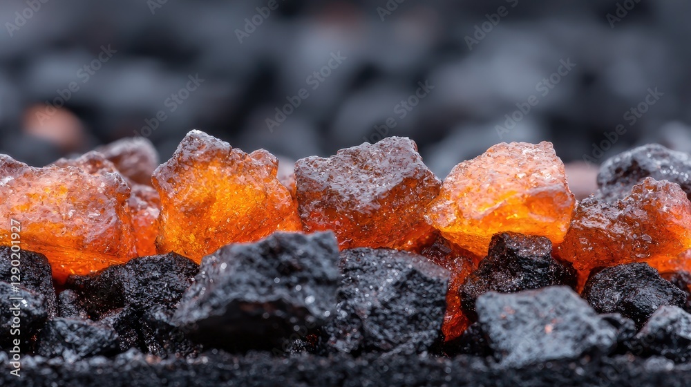 Glowing embers in dark coal, close-up view