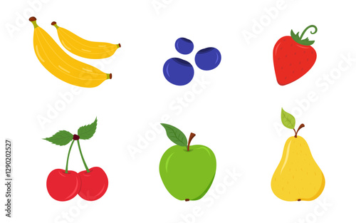 Fruits set. bananas, blueberries, strawberry, cherries, apple, pear, flat style, white background, concept of healthy eating