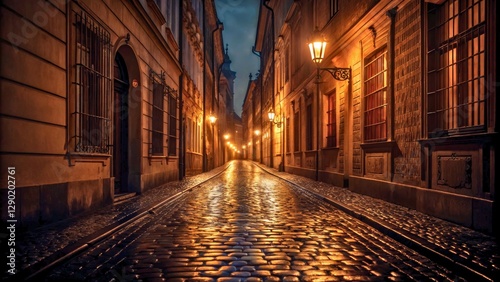 Cobblestone Street at Night with Historic Architecture and Warm Street Lamps Illuminating Pathway