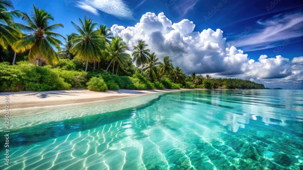 Double Exposure Tropical Beach Paradise: Turquoise Water, White Sand, Idyllic Vacation Double Exposure Tropical Beach Paradise: Turquoise Water, White Sand, Idyllic Vacation