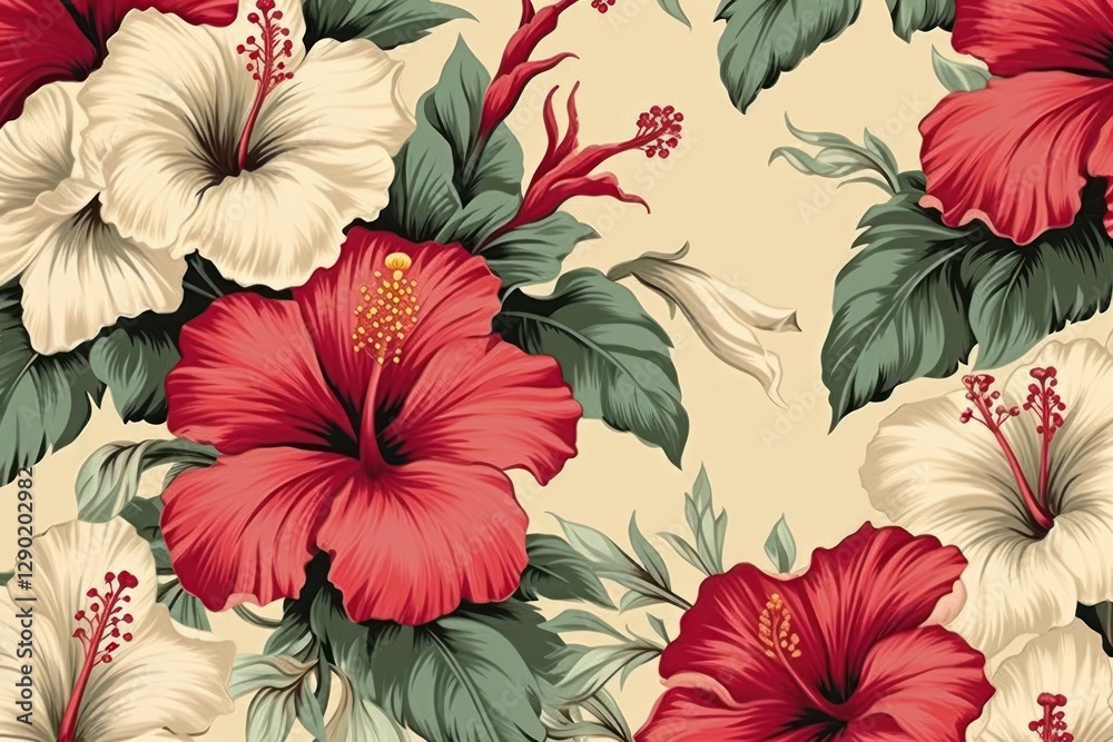 custom made wallpaper toronto digitalVintage Hawaiian hibiscus pattern flower plant.