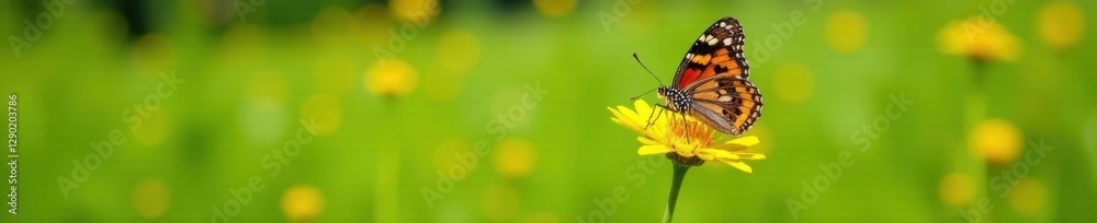 Painted lady butterfly feeding on yellow wildflowers, lush green meadow , sun, bloom, grassland Painted lady butterfly feeding on yellow wildflowers, lush green meadow , sun, bloom, grassland