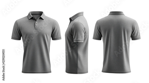 Gray polo shirt mockup showcasing front, side, and back views. Perfect for casual wear or branding