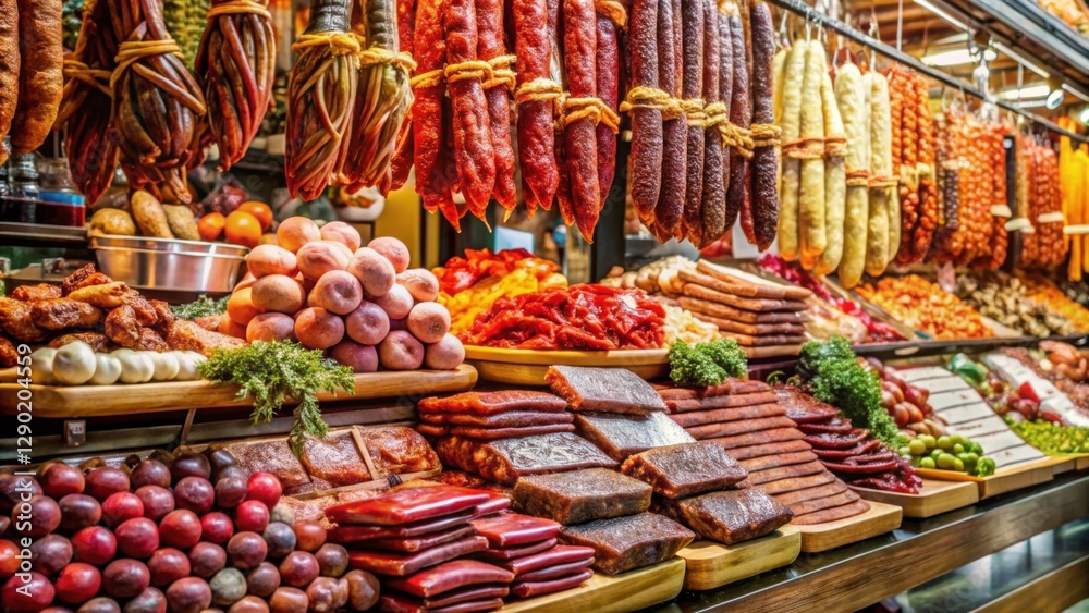 Obraz premium Colorful Display of Dried Meats and Sausages at Food Market