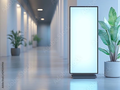 Empty digital billboard in modern office hallway