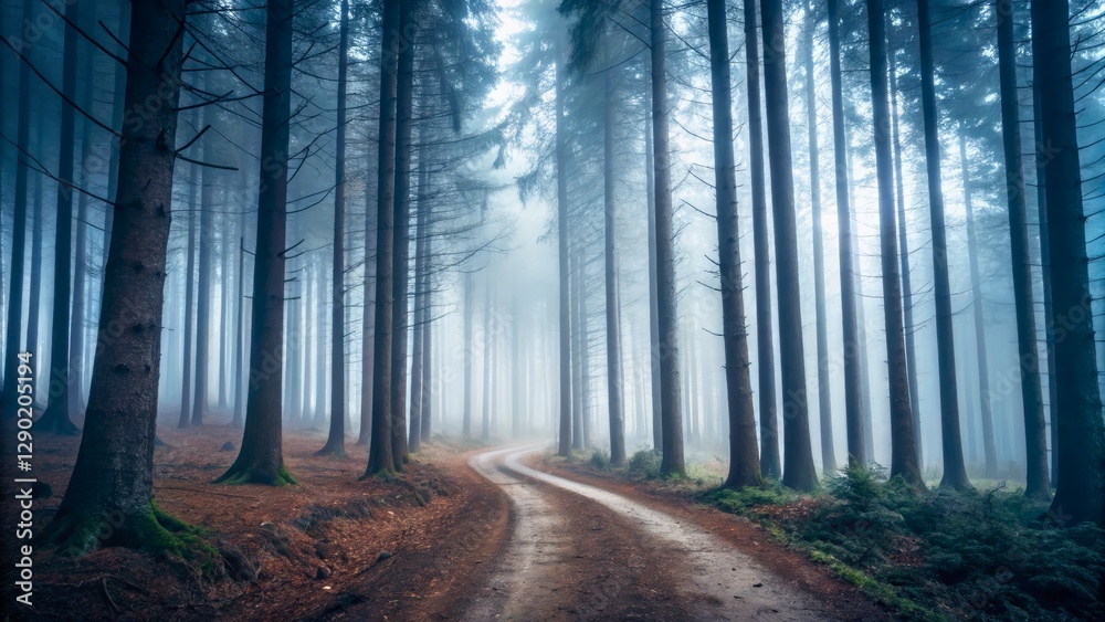 Naklejka premium Misty Forest Path with Tall Trees and Soft Natural Light in a Calm Environment