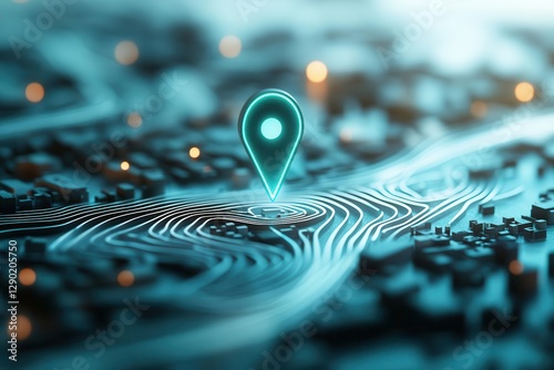 radiant teal 3d marker pulsing above a sleek digital roadmap, faint light trails weaving, crisp white surface, symbolizing exploration and precision, modern and vibrant.