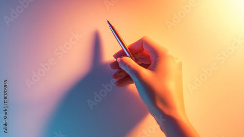 A hand holds a sleek iridescent pen poised above the paper ready to write. AI generative photo