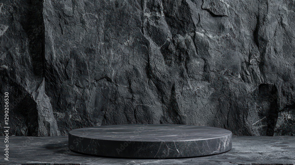 Fototapeta premium Dark Marble Platform Against a Rugged Stone Wall