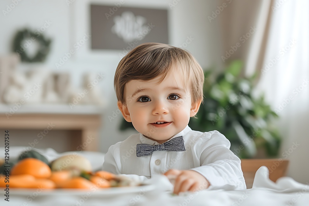 Baby boy, smiling, eating fruits and veggies, festive home Baby boy, smiling, eating fruits and veggies, festive home