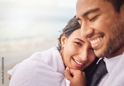 Wedding, hug and couple with care by beach for commitment, love or bonding together. Sea, travel and portrait of groom with bride for embrace at romantic, tropical or destination marriage by ocean.