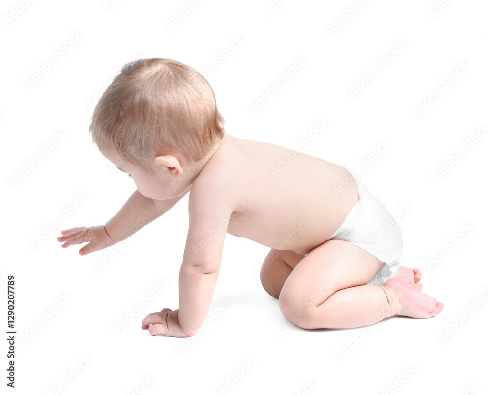 Adorable little baby crawling on white background Adorable little baby crawling on white background