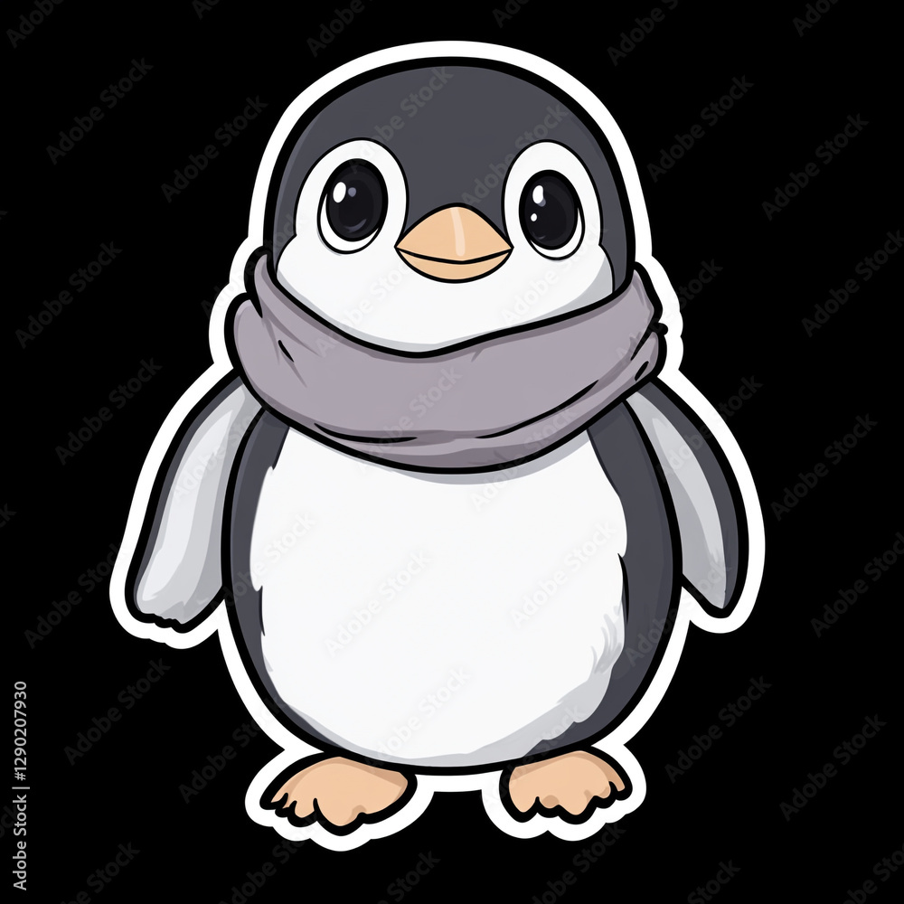 Obraz premium Adorable Waving Penguin in a Cozy Scarf Cute Kawaii Style Anime Character Perfect for Winter Themes Playful and Charming Illustration for Kids and Animal Lovers
