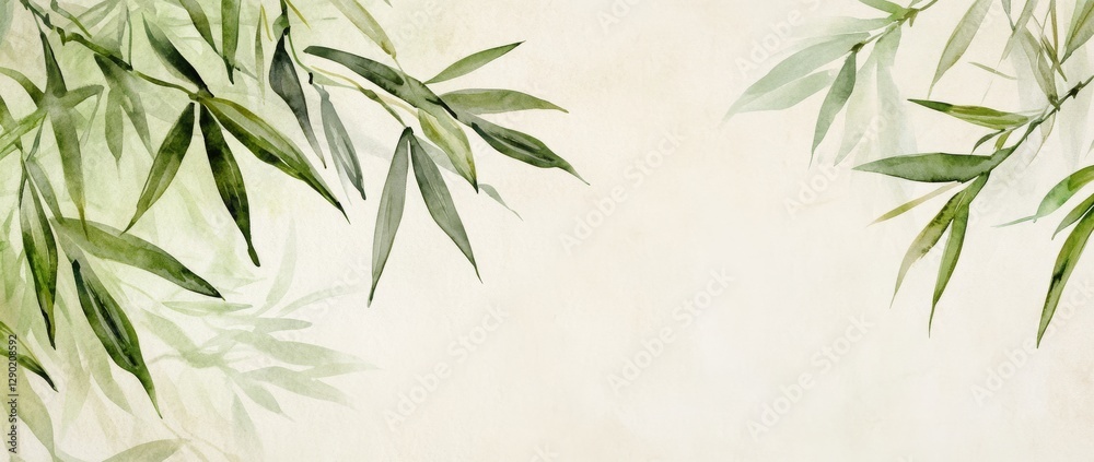 Obraz premium Soft green watercolor strokes frame bamboo leaves and grass against a beige background. This elegant design exemplifies the simplicity and beauty of traditional Chinese art.