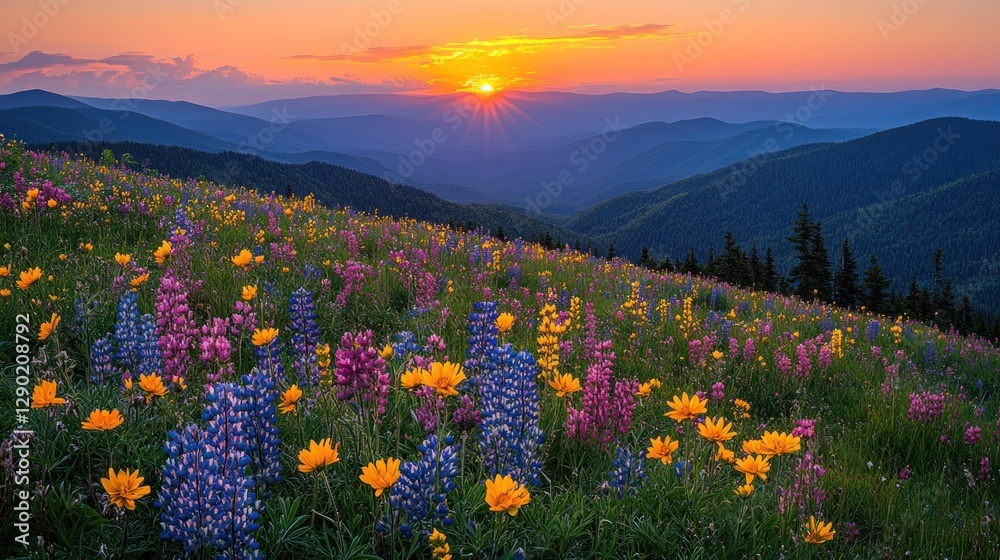 Fototapeta premium Mountain Meadow Sunset Bloom
