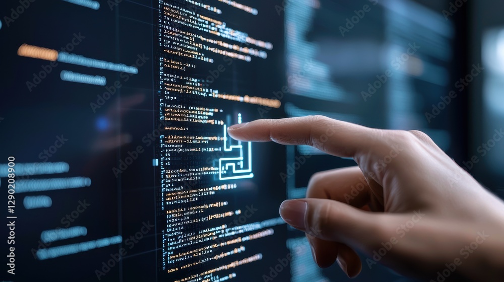 Close view of hand interacting with code on a digital interface, symbolizing modern technology and innovation. Close view of hand interacting with code on a digital interface, symbolizing modern technology and innovation.