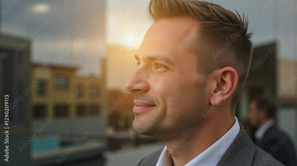 Smiling Caucasian man with short spiked brown hair wearing grey blazer over white shirt stands against cityscape at sunset Warm golden hour light enhances urban skyline creating inspiring atmosphere Smiling Caucasian man with short spiked brown hair wearing grey blazer over white shirt stands against cityscape at sunset Warm golden hour light enhances urban skyline creating inspiring atmosphere