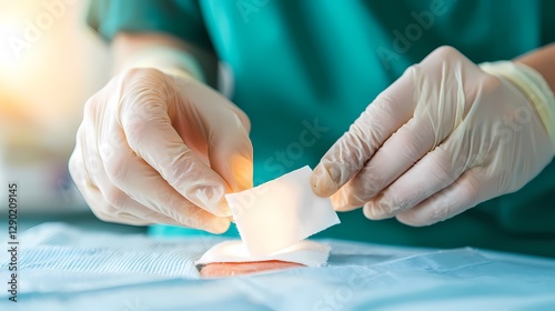 Close-up view of a sterile bandage being carefully applied to an infected wound for proper medical treatment and healing. The bandage provides protection, antiseptic care.