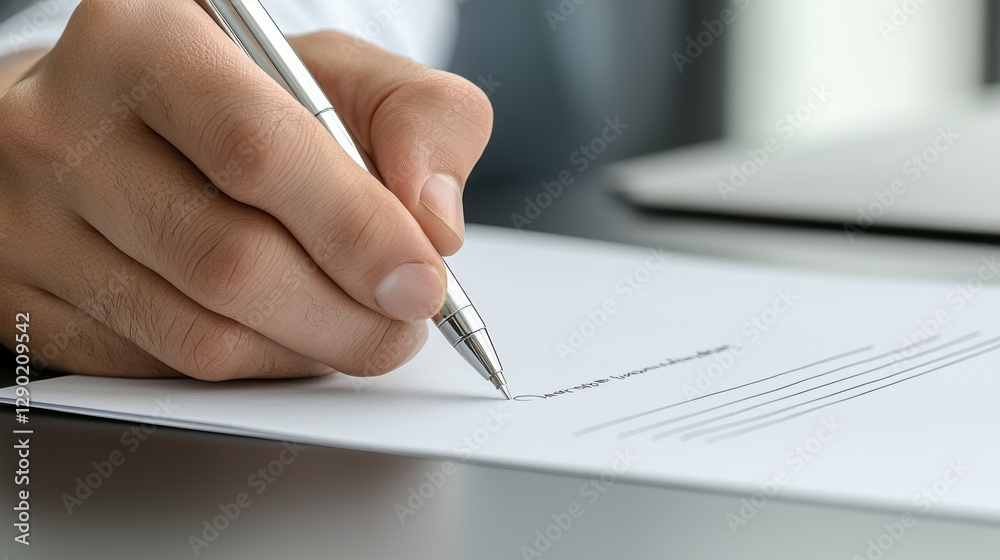 Close-up of a hand signing a document with a pen on a desk, symbolizing agreement or legal validation. Close-up of a hand signing a document with a pen on a desk, symbolizing agreement or legal validation.