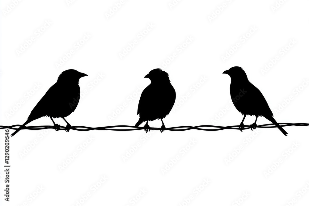 Fototapeta premium Three Black Birds Silhouetted On A Thin Wire Perch