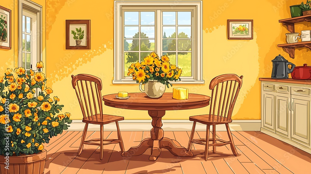 Obraz premium Sunny Kitchen Interior with Wooden Table and Chairs.