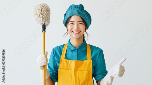 Asian female cleaner in a bright blue and yellow uniform, holding a mop in one hand and giving a thumbs-up with the other, smiling confidently