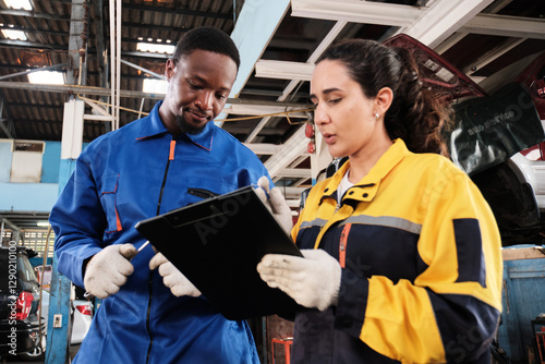 Latin female inspector engineer discussing Black male mechanic, coworker about maintenance service works at fix car garage, professional worker jobs in automotive and transportation industry business.