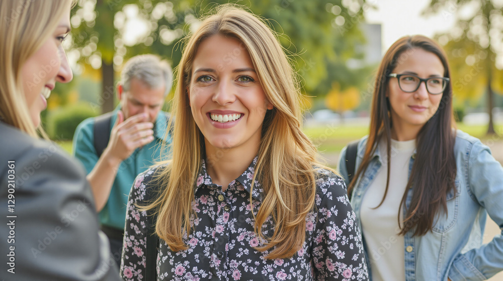 Walking meetings at golden hour with a smiling blonde woman in floral blouse surrounded by three women in casual attire outdoor setting with greenery inspires connection positivity collaboration. Walking meetings at golden hour with a smiling blonde woman in floral blouse surrounded by three women in casual attire outdoor setting with greenery inspires connection positivity collaboration.