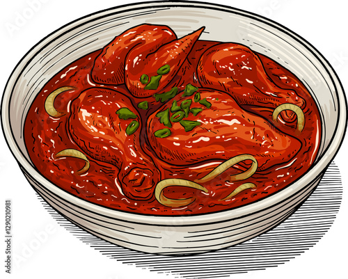 Illustration of a Traditional Malaysian Dish Ayam Masak Merah in Vector Art with Rich Spicy Tomato Sauce