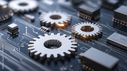 Close-up of metallic gears on a circuit board, symbolizing innovation and machinery in modern technology.