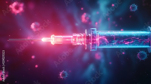 Colorful syringe with glowing liquid and germs