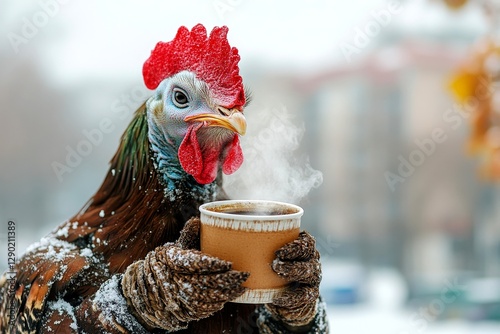 Zoo pet health. Happy cute adult animal turkey in winter warm clothes, holding hot tea with rising steam in paws. Witty animals. Warm wildlife protection. Wild animal awareness. Wild life ad.