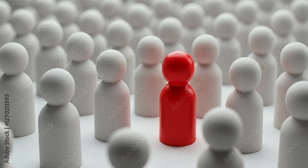 Red Figure Standing Out Among Group of White Wooden Figures Red Figure Standing Out Among Group of White Wooden Figures