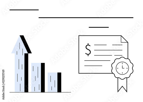 Rising bar graph with arrow upwards, certificate with dollar sign, clock on ribbon representing financial success. Ideal for business growth, investment success, education, achievement, financial
