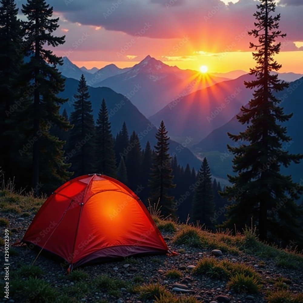 Sunrise over mountain campsite, tent pitched near trees, spring, scenic Sunrise over mountain campsite, tent pitched near trees, spring, scenic