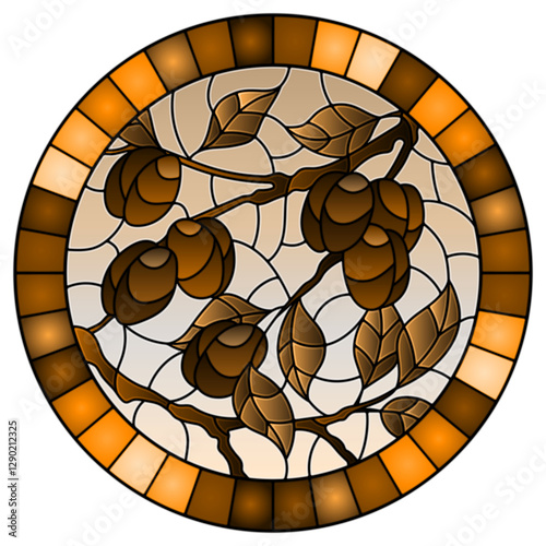 Illustration in the style of a stained glass window with the branches of plum  tree , the  branches, leaves and fruits against the sky, oval image in frame,tone brown