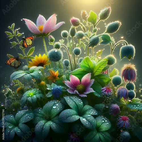 Dreamlike Dewy Garden: Enchanting Flowers and Butterflies in Soft Glow