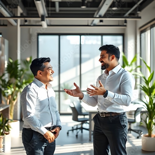 Dos hombres hispanos hablando en una oficina. Los hombres visten camisas blancas y pantalones negros. photo