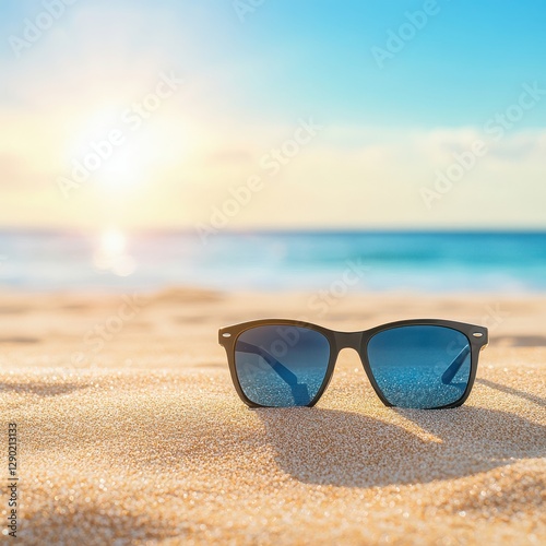 Stylish sunglasses on sandy beach at sunset, capturing the essence of summer relaxation and leisure under the sun.