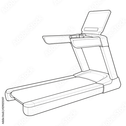 Outline Treadmill running machine. Fitness, cardio, and muscle building machines, equipments set at gym. Workout and training concept. Vector illustration.