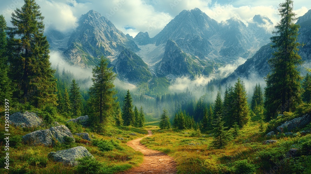 Obraz premium Mountain path through misty forest