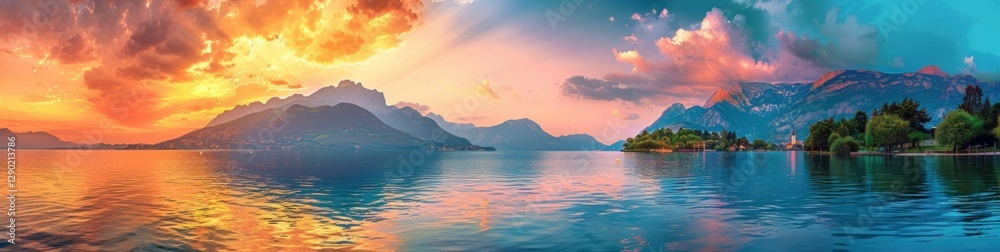 Serene Sunset Over Mountain Lake Serene Sunset Over Mountain Lake