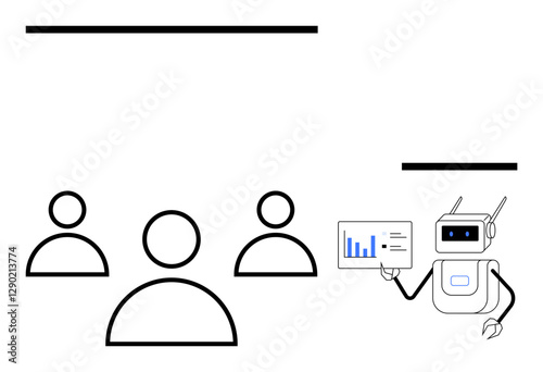 Robot holding data chart addresses three figures, symbolizing AI-driven analysis, teamwork, and communication. Ideal for tech advancements, automation, data analytics, education, innovation