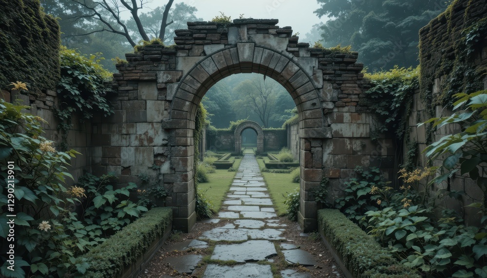 Obraz premium Serene Stone Archway Path in a Lush Green Garden Tranquil Nature Scene with Overgrown Ruins