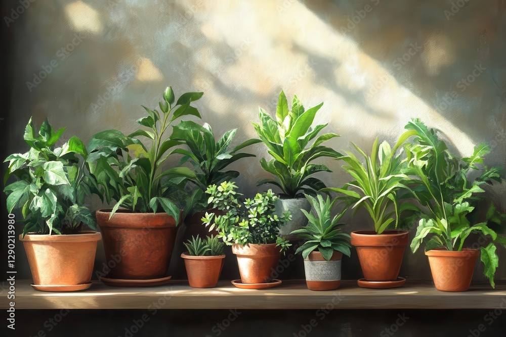 Fototapeta premium row of potted plants in earthy clay vessels, sizes cascade, lush greens spill over, soft sunlight dances, natural harmony in a tranquil display.