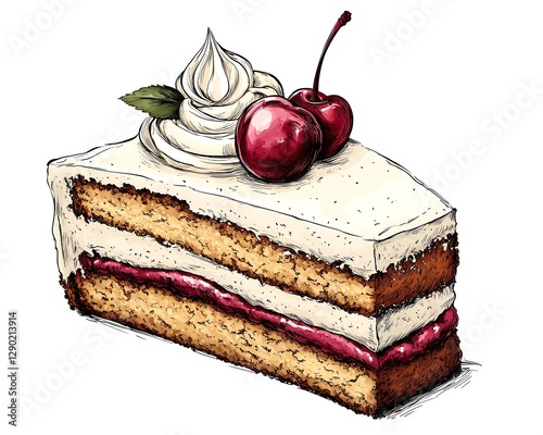 Hand-drawn cake slice with whipped cream and cherries