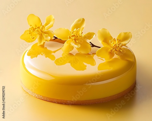 Yellow Glazed Cake with Flowers on Pastel Background photo