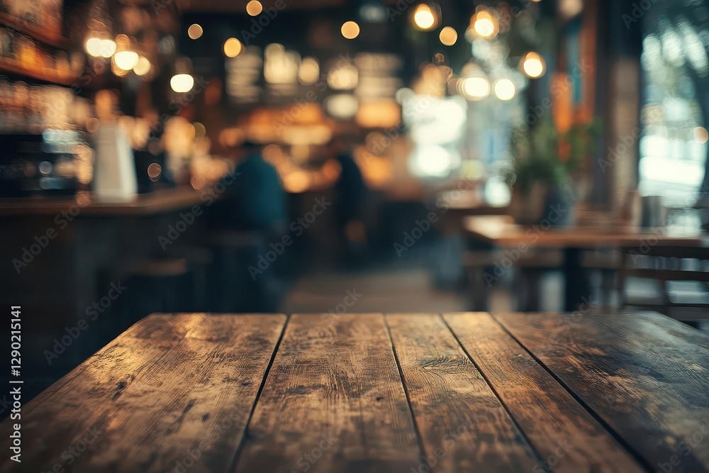 rustic cafe interior with weathered wooden table in foreground, soft defocused warm lights and people in background rustic cafe interior with weathered wooden table in foreground, soft defocused warm lights and people in background