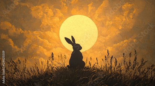 Silhouette of a rabbit in the grass under a bright moon