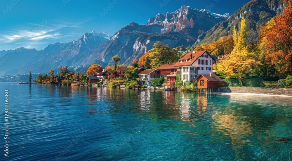 Naklejka premium Charming Swiss Village with Mountain Reflections